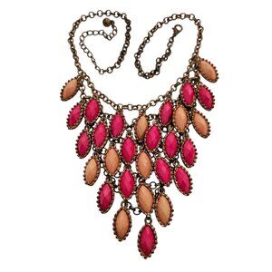 Vintage 18" Pink & Peach Statement Necklace Bronze Chain & Lobster Clasp Prom